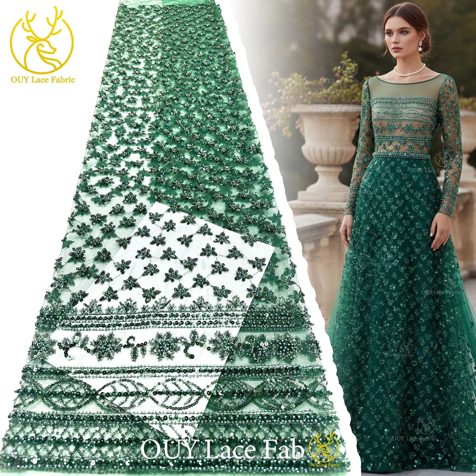 

2026 Green African Beaded Sequins Lace Fabric 5 yards France Nigeria Tulle Lace Fabric for Ladies Wedding Party Evening Dresses