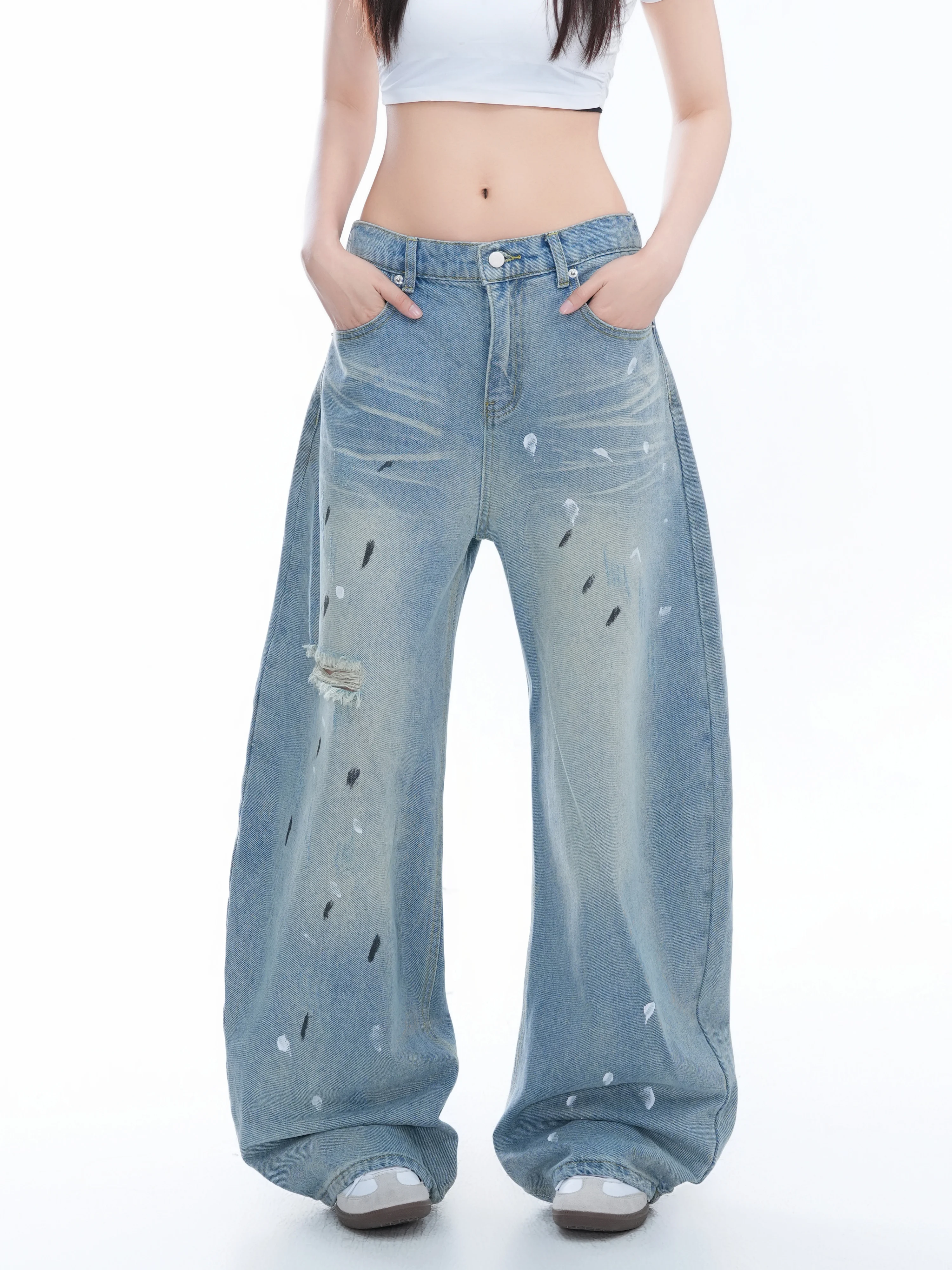 American Retro Splashed Ink Wide Leg Jeans Women Slimming Drapey Versatile Knife Pants Floor-Length Casual High Waist Jeans