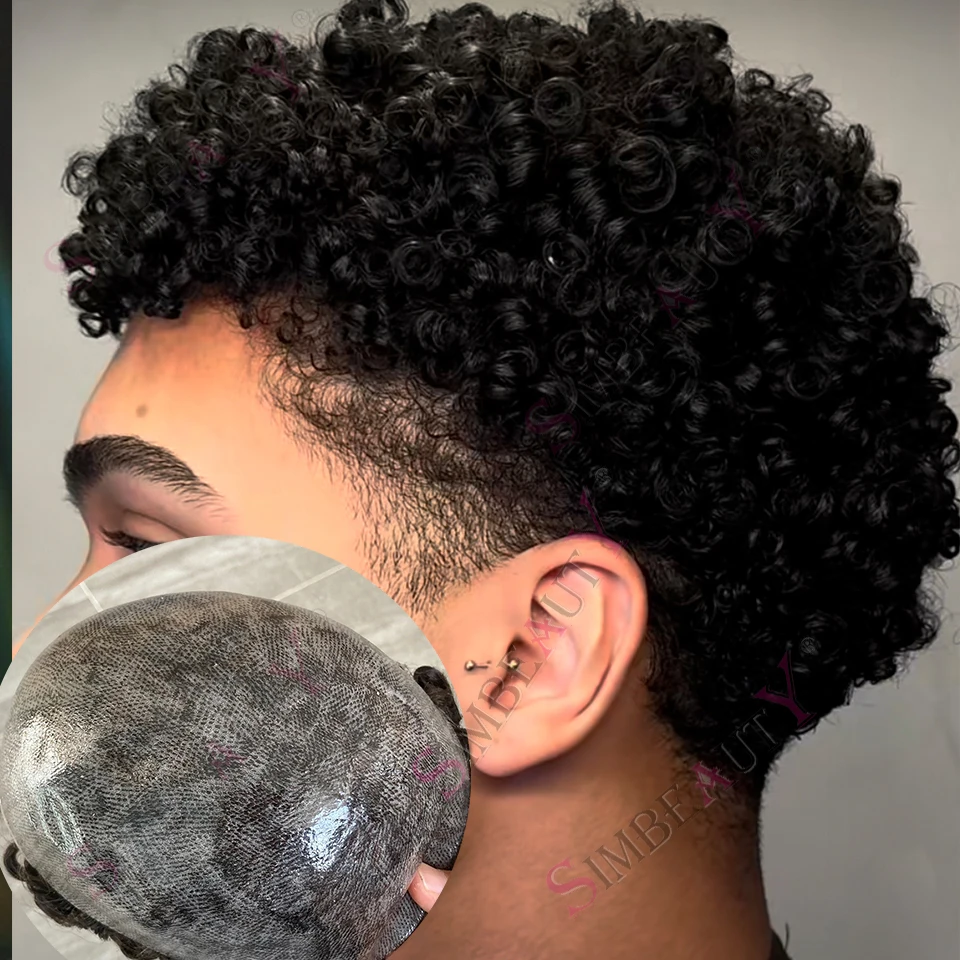 

Необнаружимый 15 мм вьющийся черный афро мужской парик серый 1b40 1B80 100% человеческие волосы супер прочный полный PU мужской парик система замены