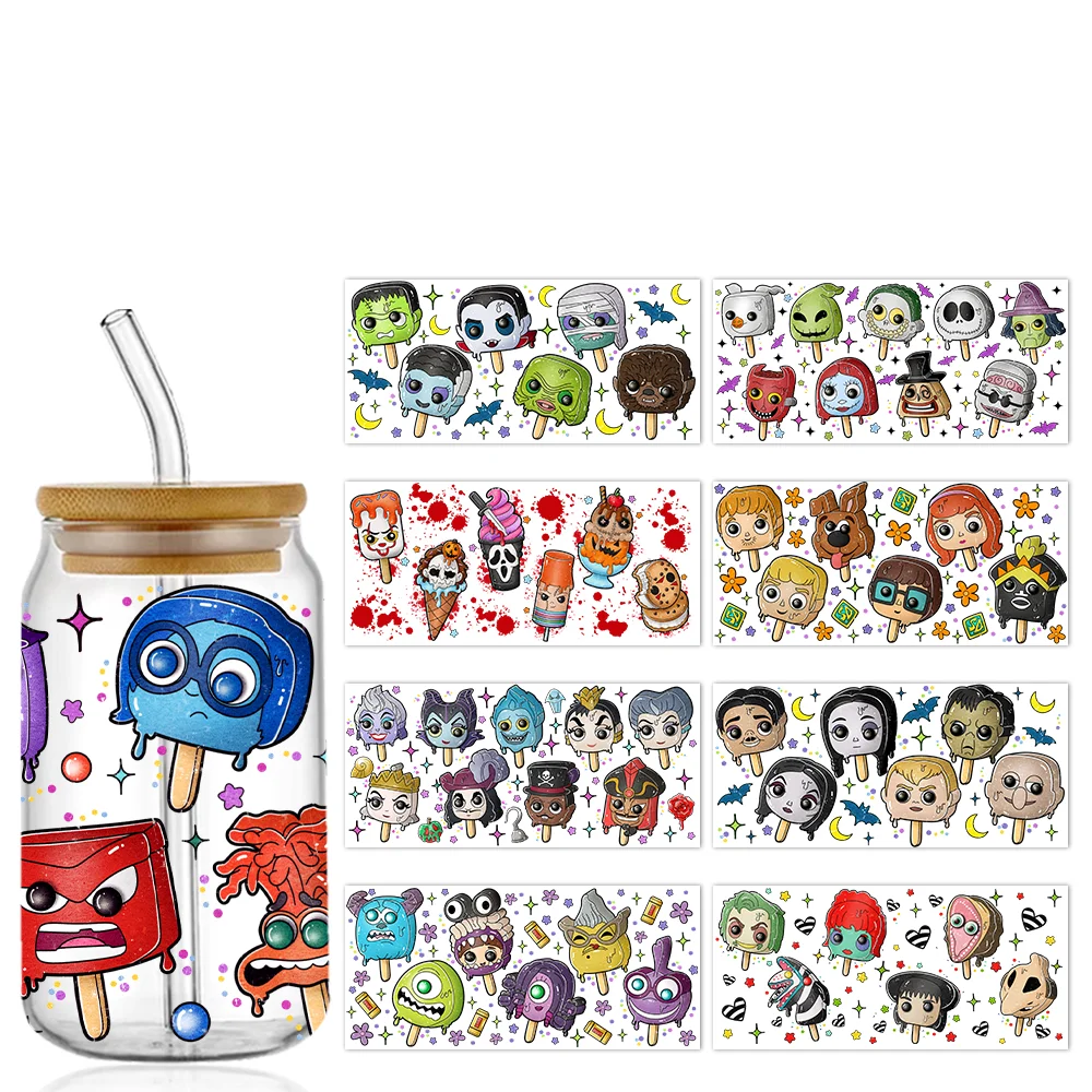 Cartoon Character Popsicle UV DTF Cups Wraps Libbey 16oz Beer Glass Plastic Tumbler Transfer Waterproof Self Adhesive Stickers