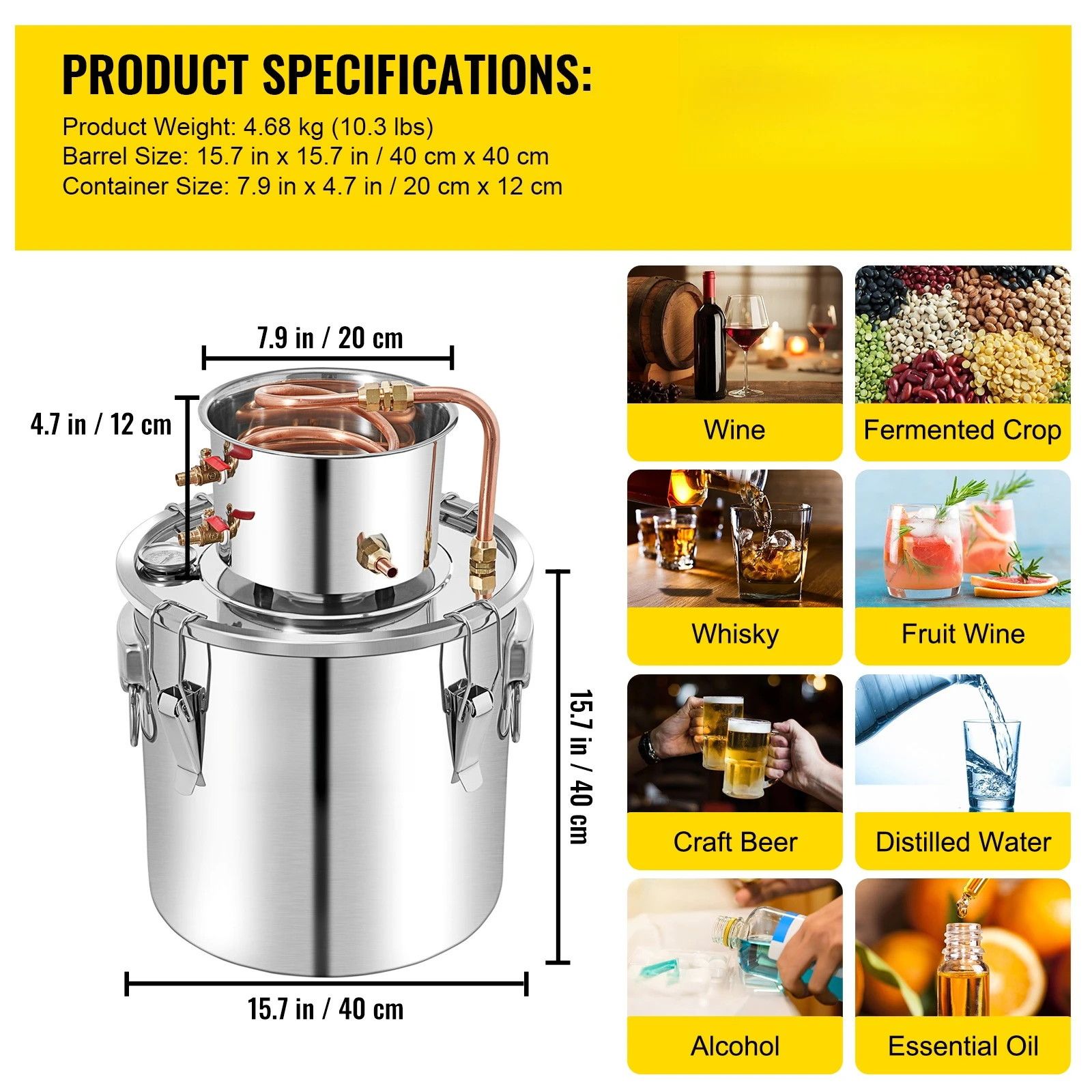 3 5 8 13 Gal Distilleerder Alambic Moonshine Alcohol Nog Roestvrij Koper DIY Home Brew Water Wijn Essentiële Olie Brouwen Kit
