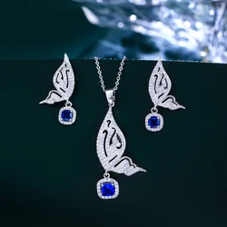 CWWZircons Brand Fashion Butterfly Shape Ladies Jewelry Silver Plated CZ Blue Crystal Dangle Earrings and Necklace Sets T158