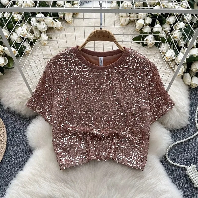 Vintage Glitter Sequin Short Sleeve O Neck Short T-shirt Slim Elegant Fashion Office Lady Crop Top Sexy Spring Autumn Women Top