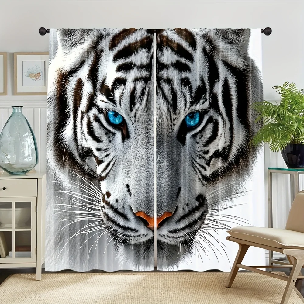 White Tiger Curtain, Realistic Animal Face Window Drape, Blue Eye Big Cat Blackout Panel, Living Room Bedroom Home Decor