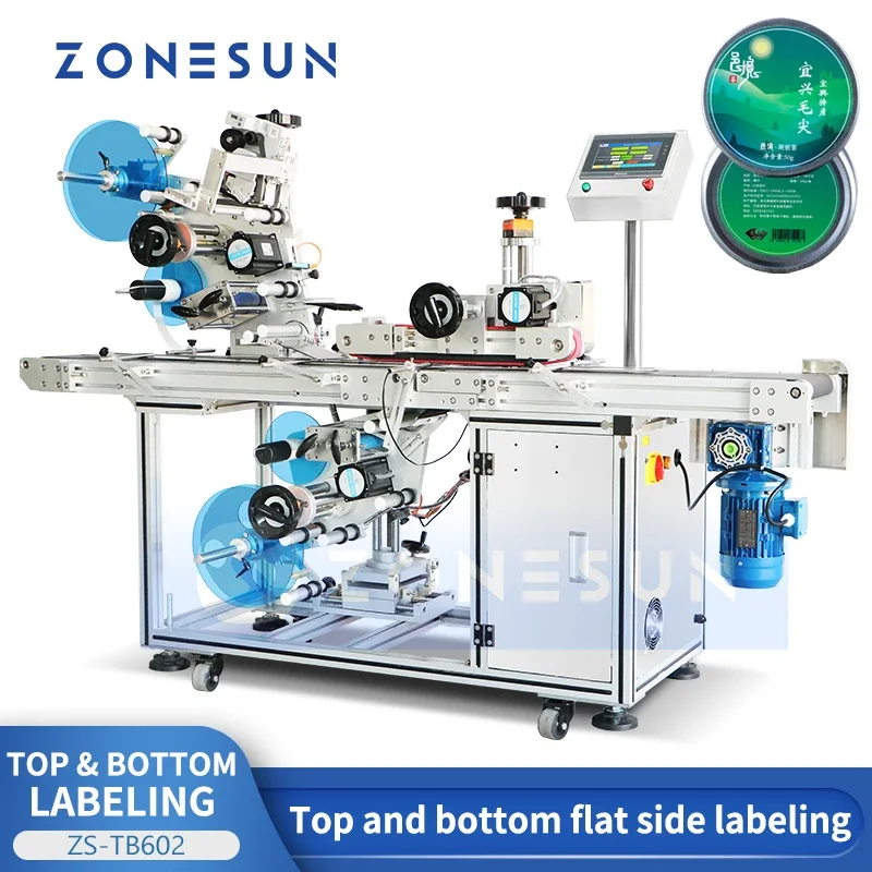 ZONESUN Automatic Flat Surface Top and Bottom Labeling Machine Cans Boxes Bags Label Applicator  ZS-TB602