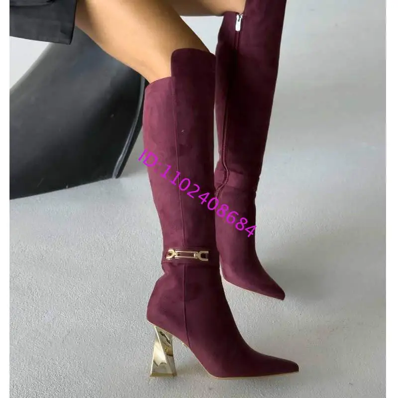 Design Women High Heel Knee Boots Pointed Toeb Metallic Trim Side Zip Over-The-Knee Boots
