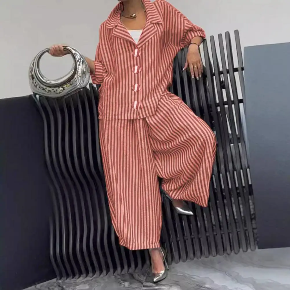 

Women Casual Blue Stripe Loose Set Buttons Shirt + Drawstring Pant 2025 New Summer Fashion Holidays Simple Stylish Set
