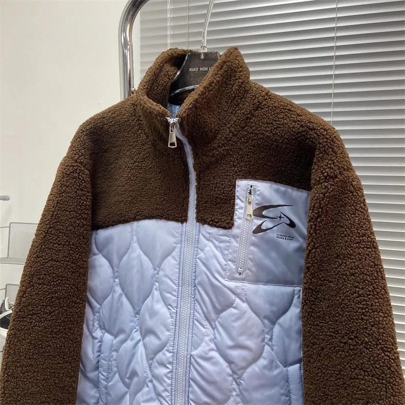 خليط القطن Jaet الرجال الشتاء المطرزة رسالة لامب المخملية Thiened معطف غير رسمي محايد بسيط الأزرق البني الربط