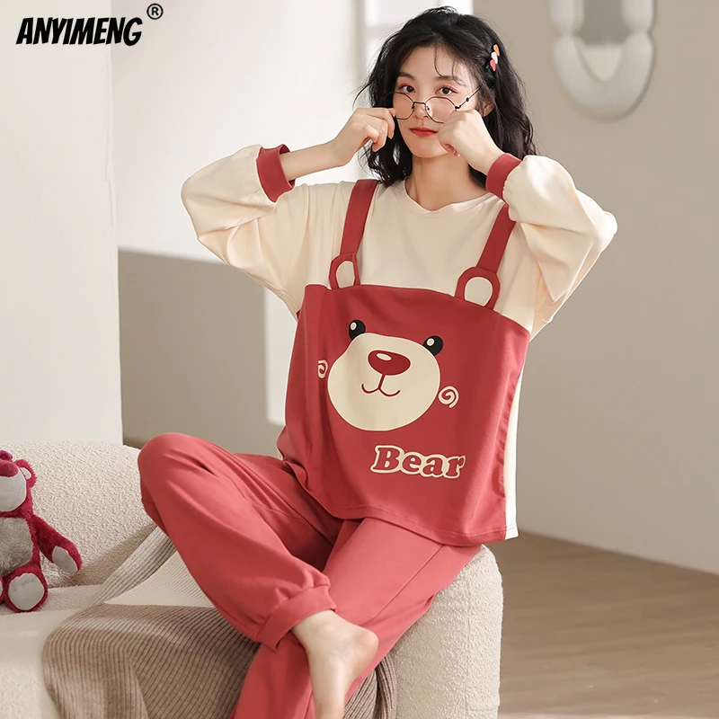 100% Pure Cotton Women Bear Print Pajama Sets Autumn Winter Long Sleeves Pullover Sleepwear Fashion Nightwear Girls Loungewear