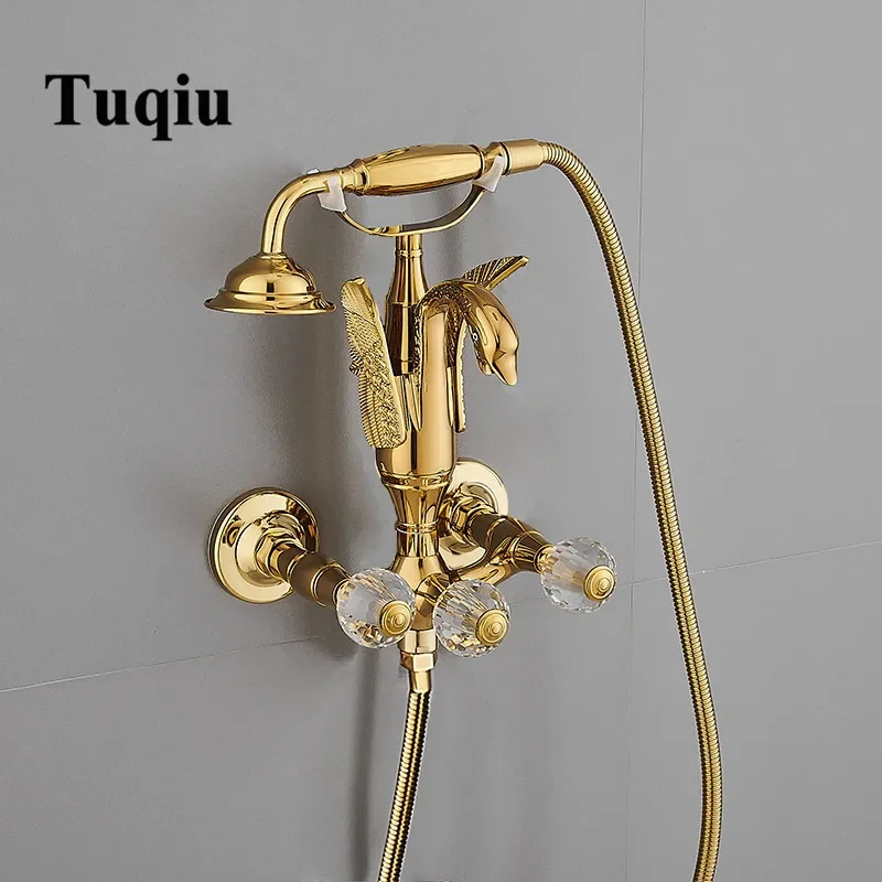 Bathtub and Shower Faucet Set Wall Mounted Gold Swan Bathtub Faucet, Bathroom Cold and Hot Bath and Shower Mixer Tap Brass