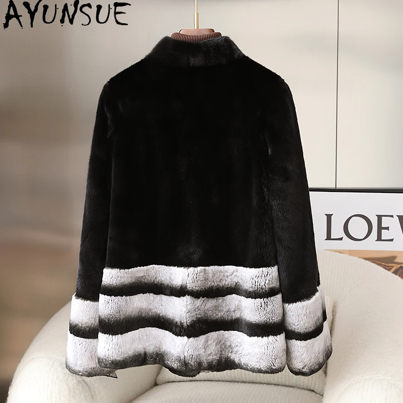 AYUNSUE 天然ミンクリアルファーコート レディース服 暖かいミンクコート レディース 冬用ジャケット 2025 レックスラビットファー Шуба Женская