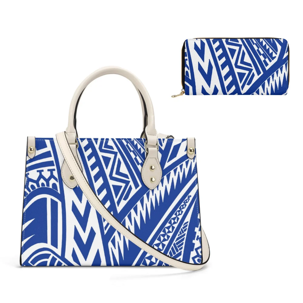 

Island Print Combo Bag Customizable Polynesian Women Large Travel Tote Matching Wallet Summer Holiday Adventure