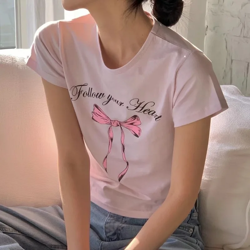 Neploe-女性用のボウプリントTシャツ,ラウンドネックの半袖トップス,ルーズなトップス,白いTシャツ,韓国のファッション,y2k,夏,新しい2024