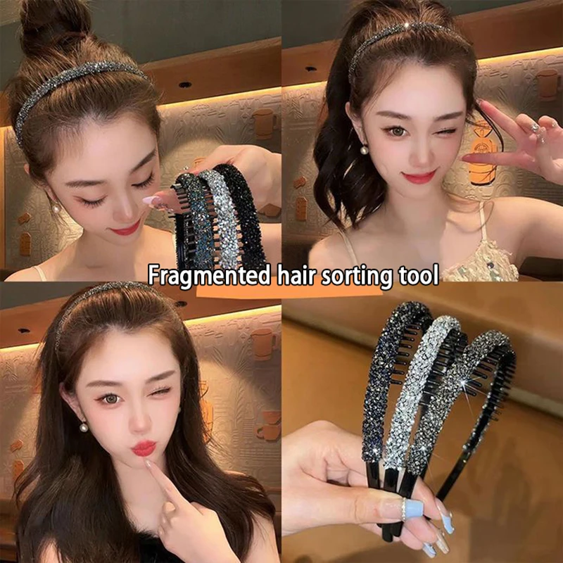 Non-slip Rhinestone Hair Band With Teeth Elastic Headband Crushed Hair Shiny Luxury Hair Bands