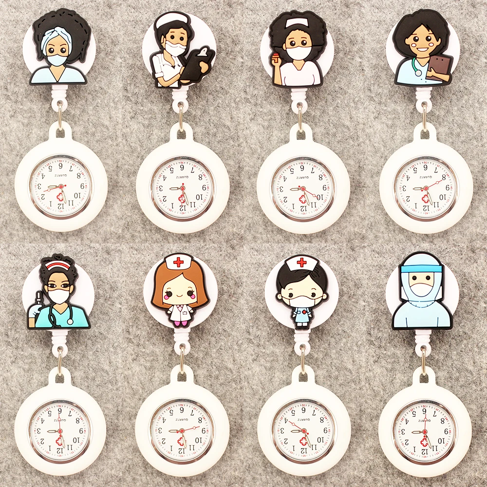 Cartoon Team Nurse Doctor Hospital Style Pocket Watch Retractable And With Clip For Men And Women