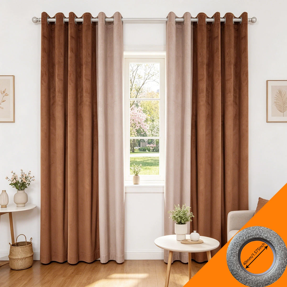 

2 шт. затемняющие шторы с цветовыми блоками карамельного и бежевого оттенков, с люверсами, термоизоляционные, для гостиной и спальни