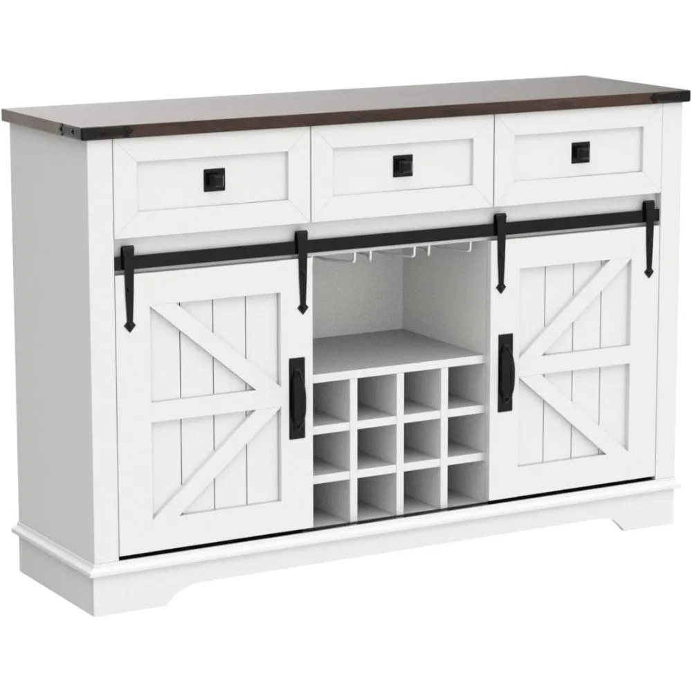 Farmhouse Wine Bar Cabinet w/Sliding Barn Door, 54" Kitchen Coffee Bar Cabinet w/Wine & Glass Rack, Storage Shelves, 3 Drawers