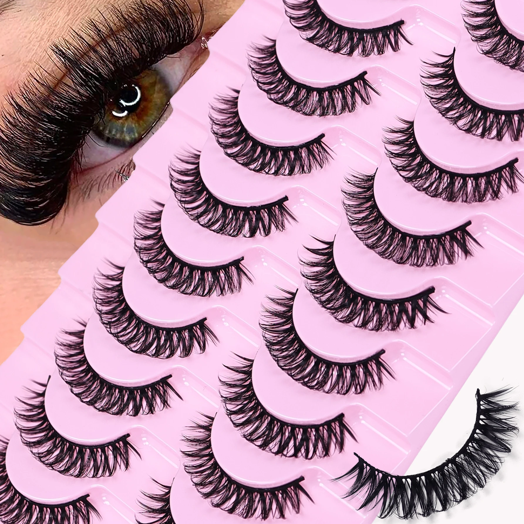 10 Paar D-Curl Russische Streifenwimpern Flauschige Volumen-Kunstwimpern Dramatisches Katzenaugen-Make-up