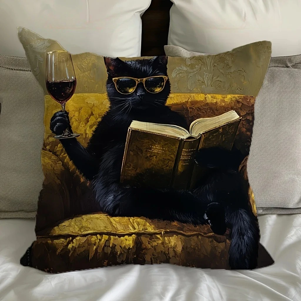 Cool Black Cat Reading & Wine Print Pillow Cover, Machine Washable, Home Decorative Pillowcase