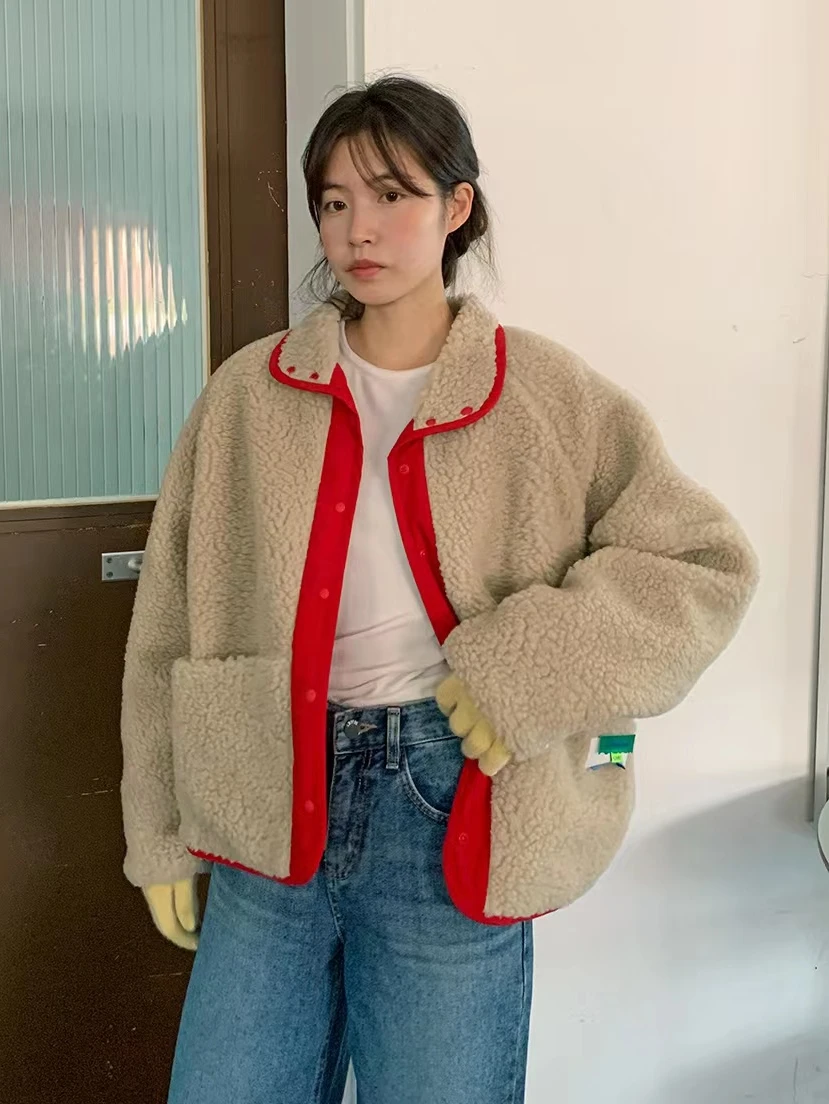 

Lamb Fur Jaet Women's Loose Winter Thiened Warm Double-sided Wear Cotton Coat Collar Sle Comfortable Commute Faion