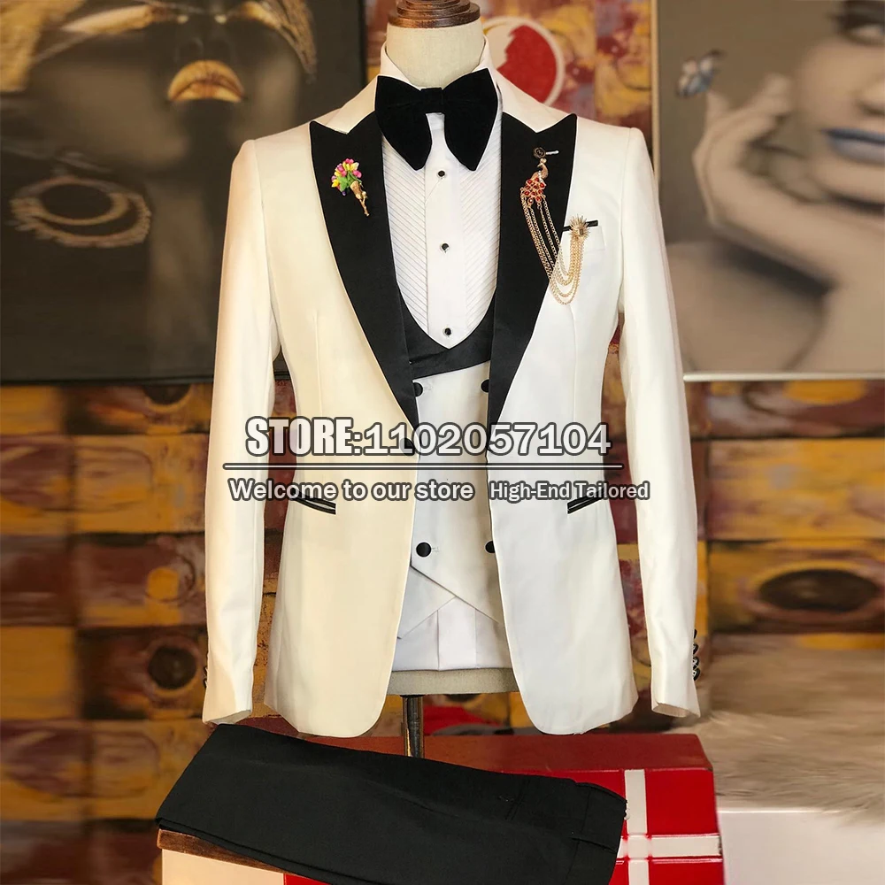 

Africa Man Suits Skinny Black Peaked Lapel Ivory Jacket+Vest+Pants 3 Pieces Terno Masculino Completo Groomsmen Prom Tuxedo K16