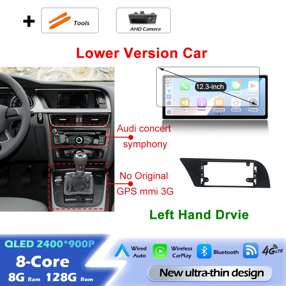 Android 16 draadloze Carplay autoradio multimediaspeler GPS navigatie ultradunne scherm DSP stereo WiFi voor Audi A4 B8 A5 2009 - 2016