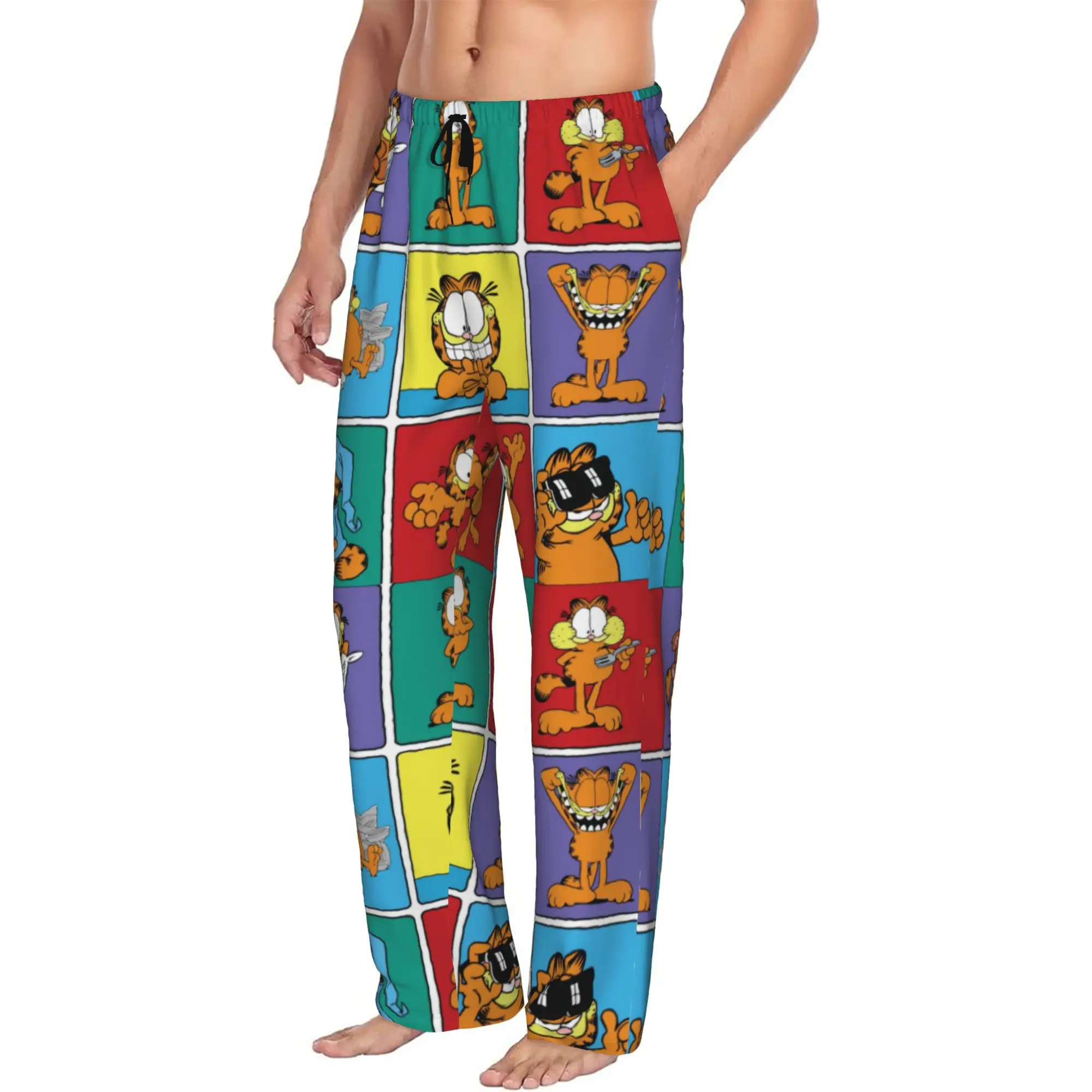 Custom Cat Cartoon Pajama Pants for Men Comic Strip Manga Lounge Sleep Drawstring Sleepwear Bottoms with Pockets