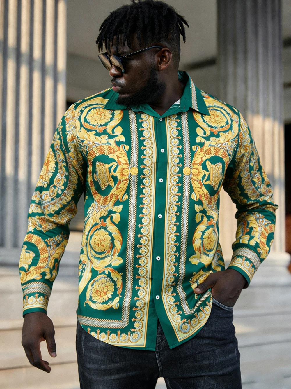 Men Orange Greek Figure Print Long Sleeve Shirt Lapel Collar Button‑Up Polyester Bohemian Blouse