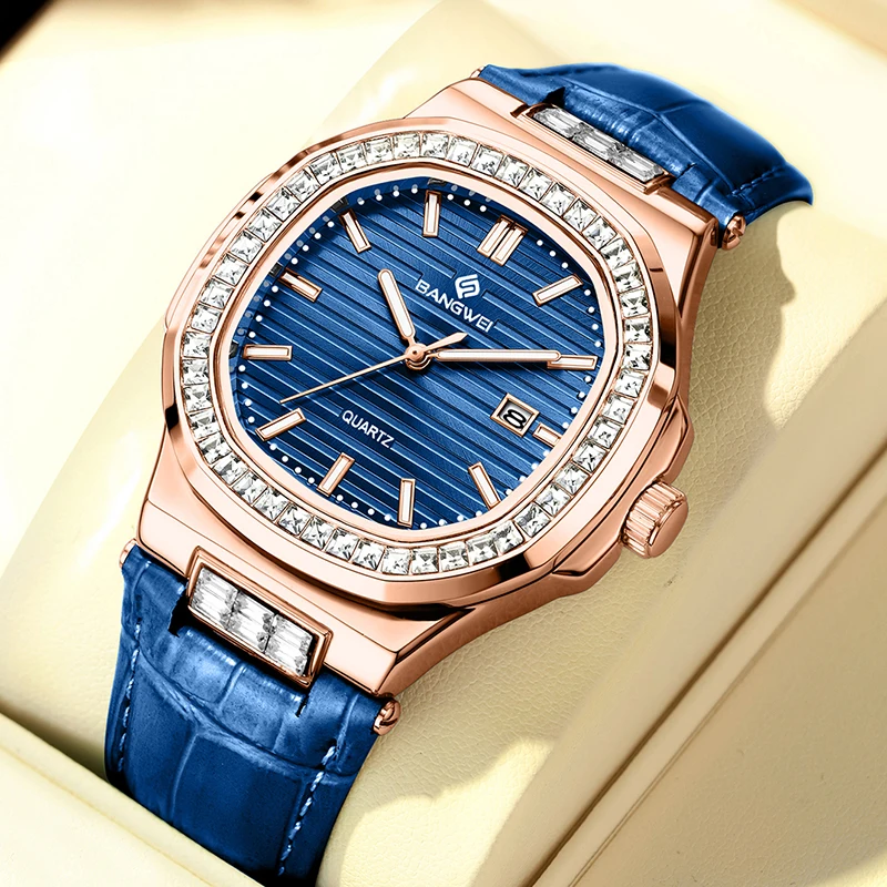 

LIGE BANGWEI женские часы модные синие кожаные водонепроницаемые светящиеся часы для женщин простой элегантный квадратный кварцевый хронограф