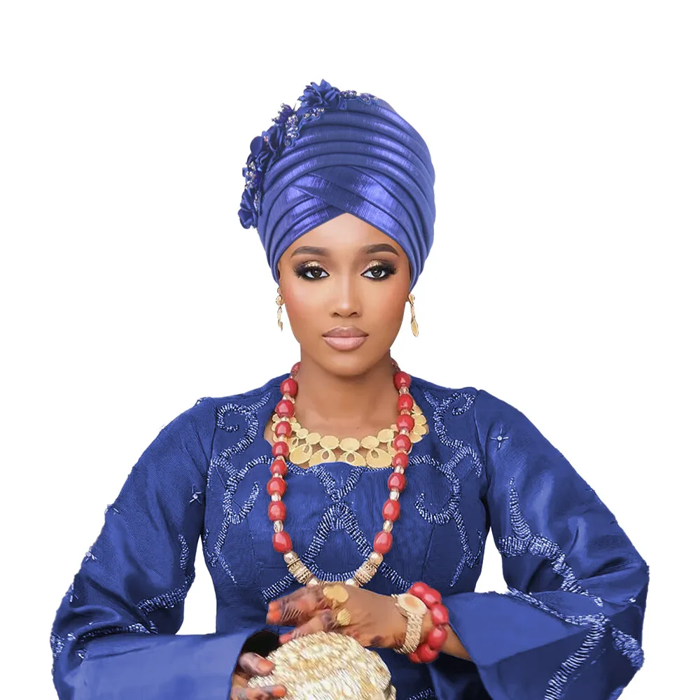 

African Auto Gele Headtie Party Headwear Head Wrap Bonnet Hijab Hat Flower Diamonds Women Turban Cap Nigerian Wedding Headgear