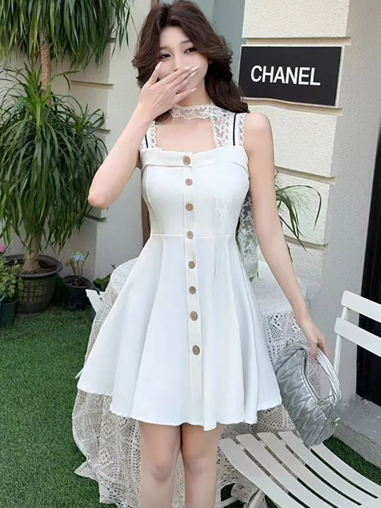 

Summer White Square Collar Lace Sling Sexy Dress Women Elegant Ruffled Mini Dress 2025 New Korean Fashion Bodycon Festival Dress