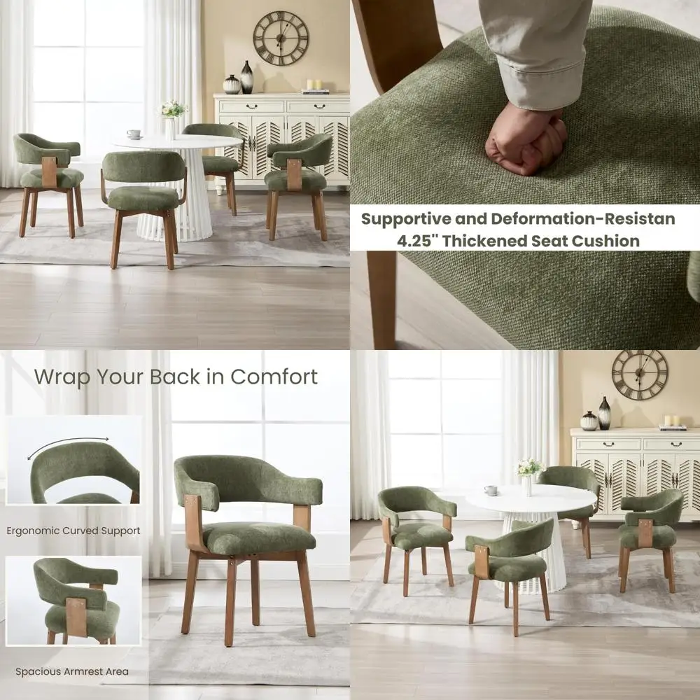 set of 4 upholstered mid century modern dining chairs with curved backrest and wooden legs