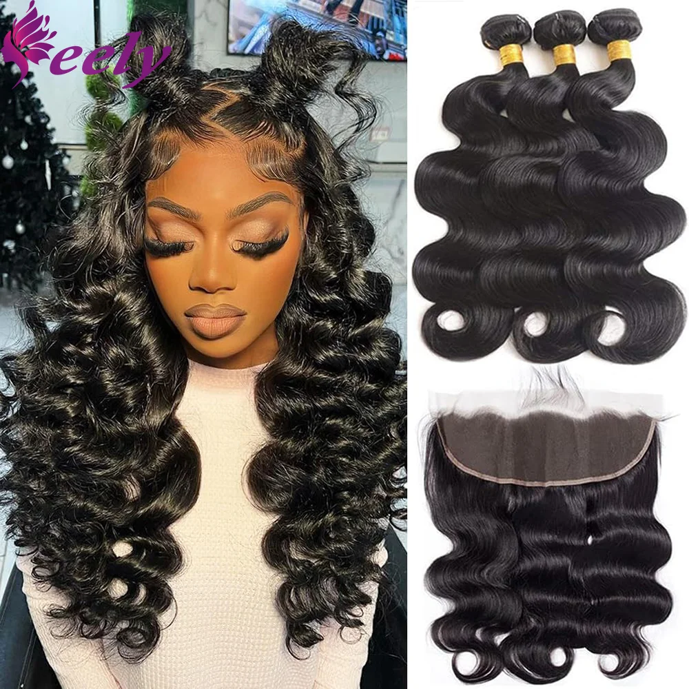 Human Hair Bundles With Closure Body Wave Brazilian 100% Real Human Hair Transparent Frontal 13x4 Lace Natural Black Color #1B