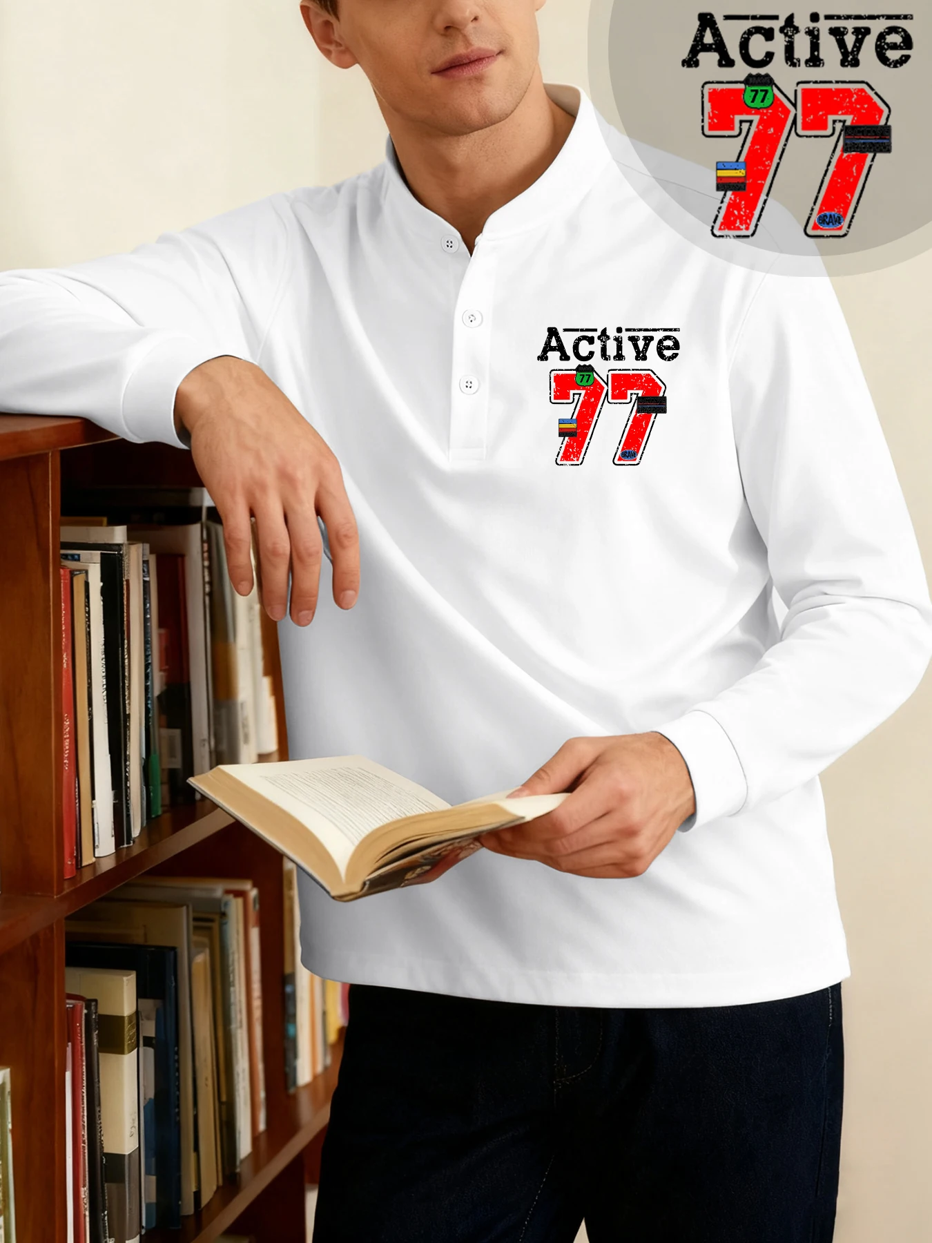 نشط عدد 77 الإبداعية تي شيرت مطبوع الرجال الخريف هنري الرقبة الملابس العصرية الشارع كم طويل مريح قاع هينلي قميص #1