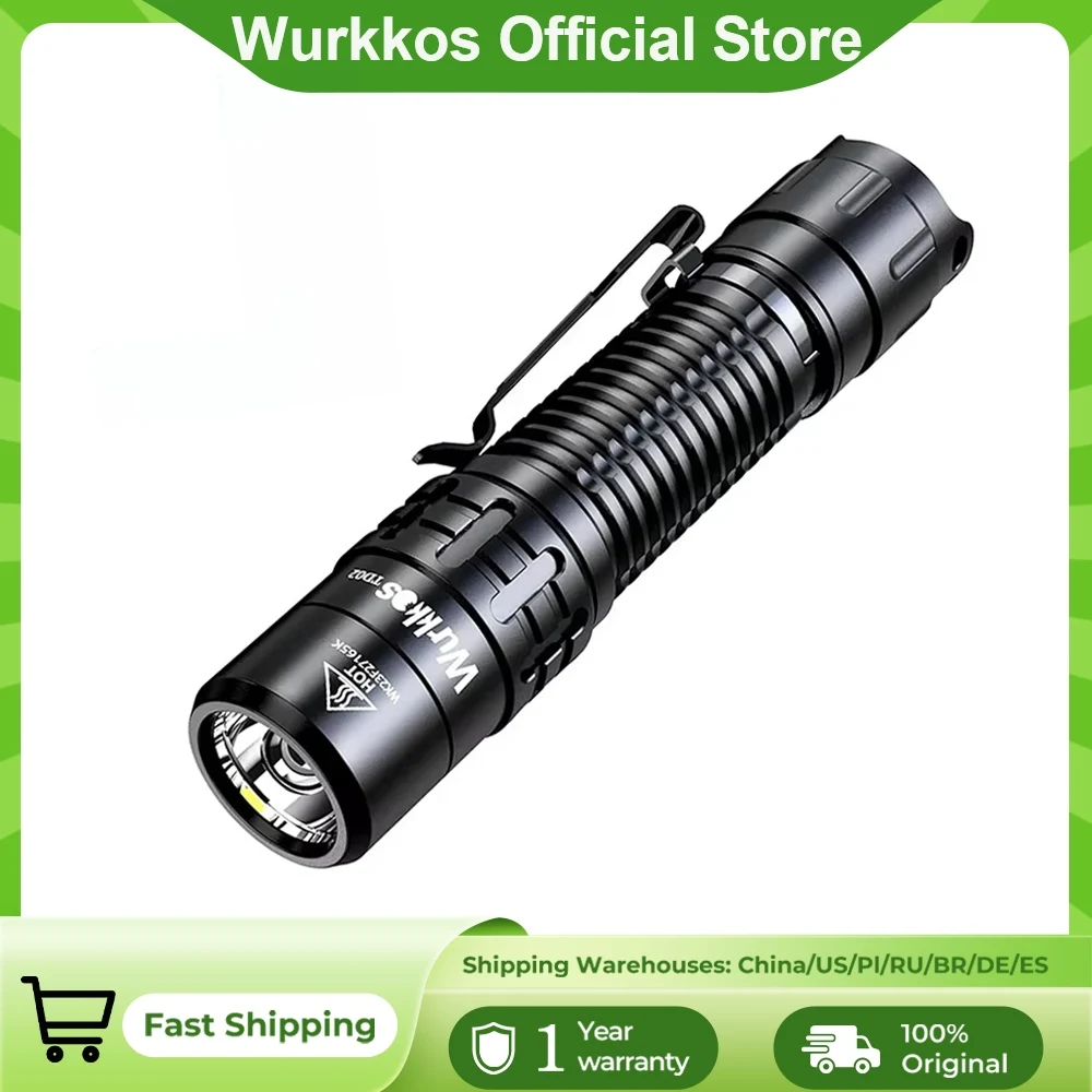 Wurkkos TD02 Tactical Flashlight 2000LM Pocket Torch 18650 Rechargeable EDC Type-C Charging Port Tail Switch IPX8 Waterproof