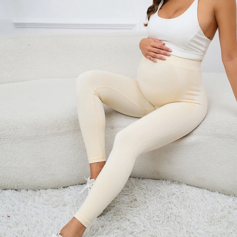 Pantalones de Yoga de cintura alta para mujeres embarazadas, ropa de maternidad ajustada, soporte para el vientre, leggings de punto, pantalones moldeadores de cuerpo