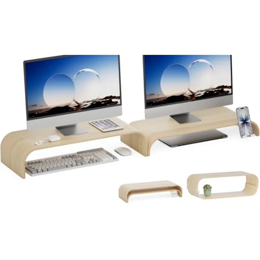 Bent Wood Monitor Stand Riser Solid Wood Dual Monitor Riser with Storage 2-Tier Natural Wood Desk Shelf Organizer for Computer