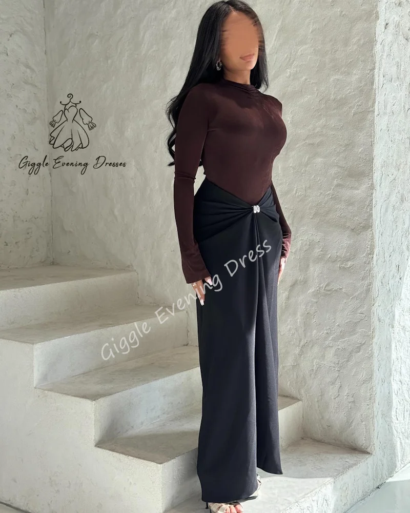 

Giggle Customized Fashion High Neck Long Sleeves Slimming Top High Waist Patchwork Folds Skirt Female New Black Evening Dresses
