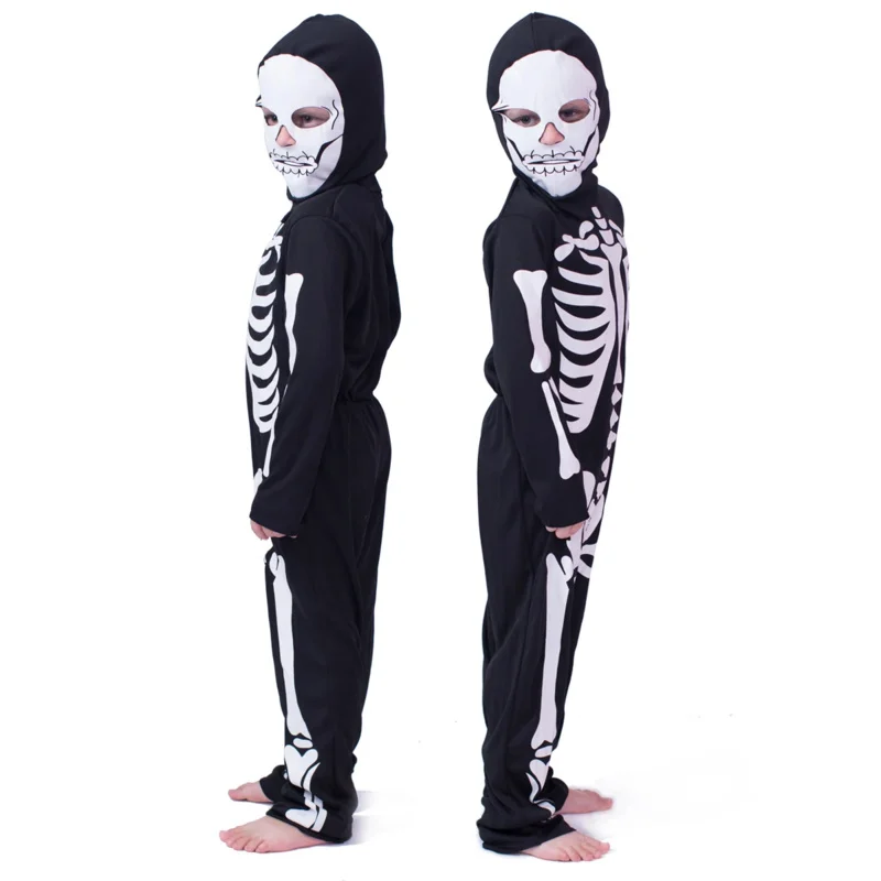 Skeleton Halloween Costume for Boys With Mask Scary Skeleton Print Black Pyjama Jumpsuit Bones Skull Cosplay Costume