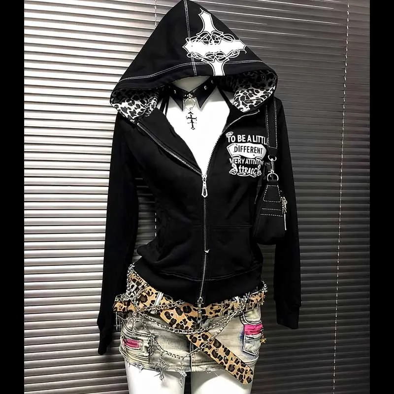 النمط الأوروبي والأمريكي عيد الفصح عبر طباعة ليوبارد طباعة طويلة الأكمام هوديي سليم صالح فتاة حار الاتجاه القوطية Y2K Harajuku #1