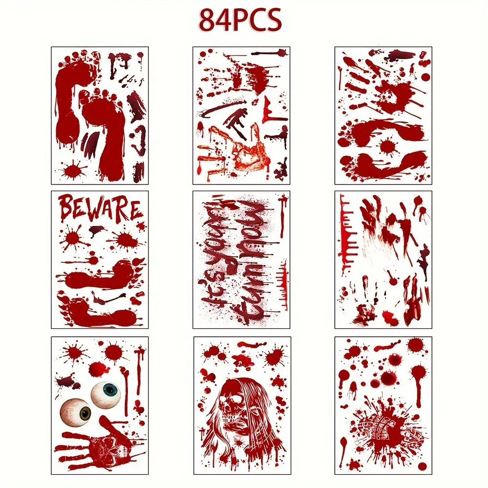 84 قطعة من ملصقات نافذة الهالوين، 8 أوراق لبصمة اليد الدموية/بصمة البصمة، ملصقات نافذة مخيفة لتزيين الحفلات المنزلية ​