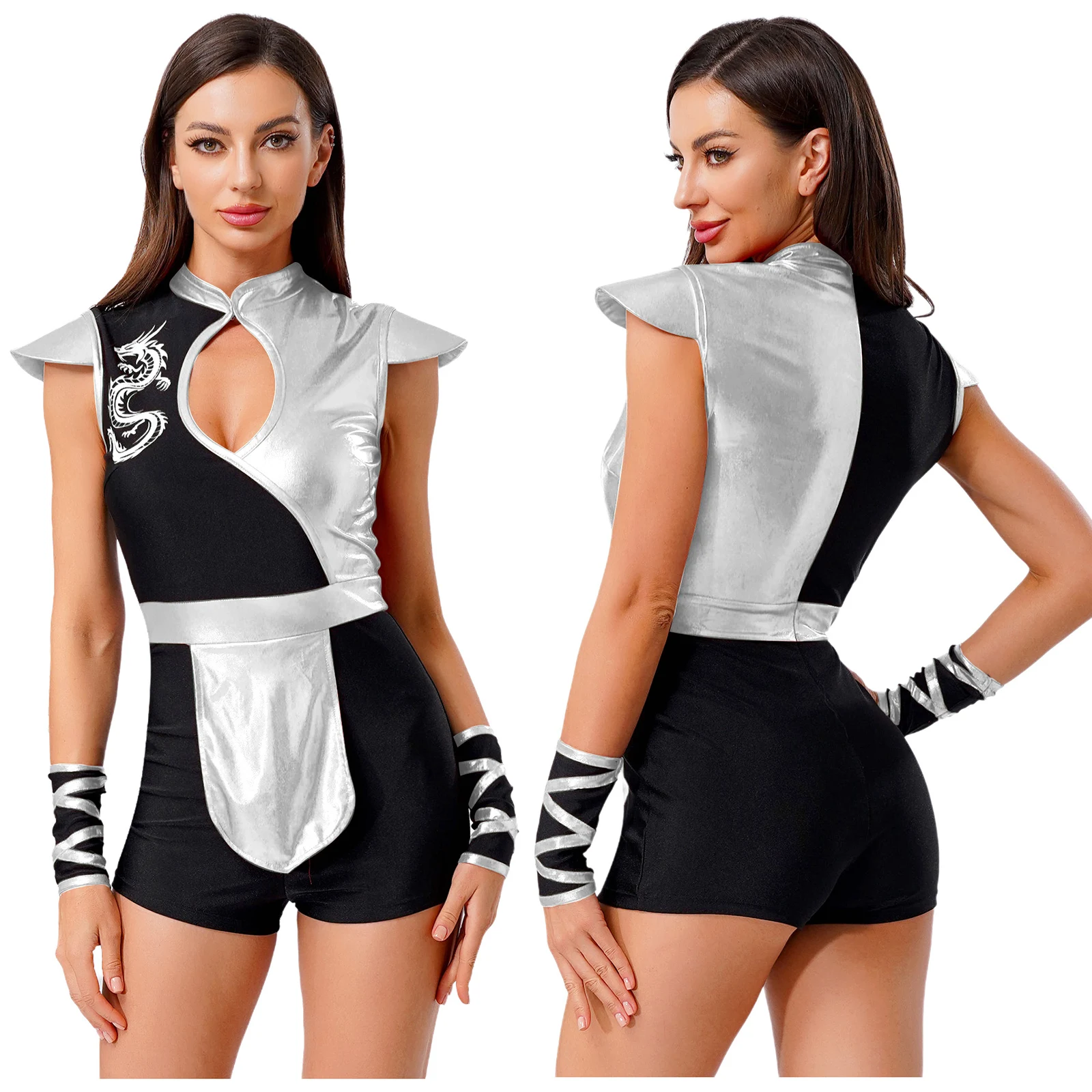 

Women Dragon Ninjia Cosplay Bodysuit Metallic Shiny Hollow Out Leotard with Arm Cuffs Halloween Theme Party Dress Up Costume