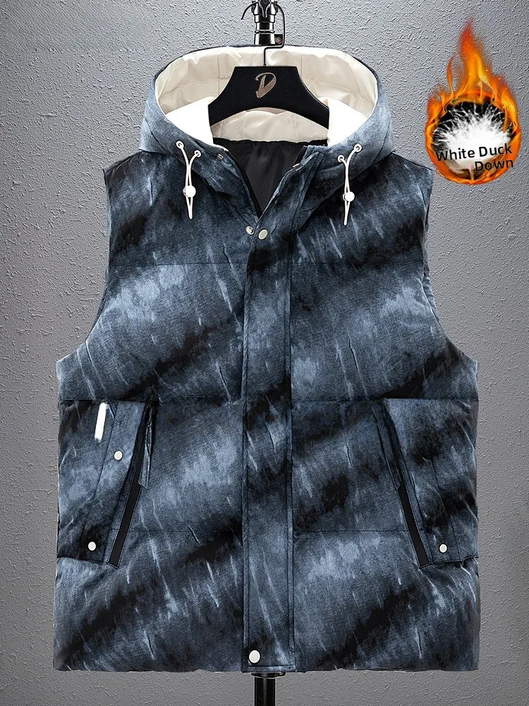 

Мужской утепленный пуховый жилет больших размеров с модным принтом, теплый, белый, на молнии, с капюшоном, в городском стиле