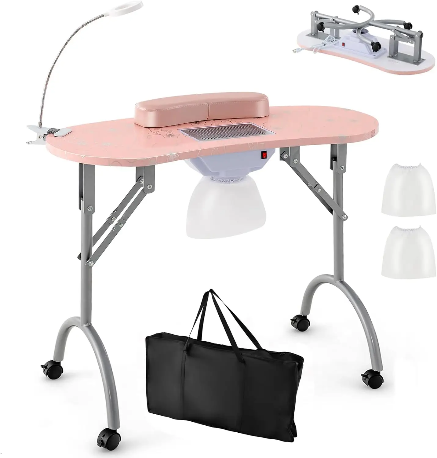 

Portable Nail Table, Foldable Nail Technician Desk w/Electric Dust Collector, Bendable LED Lamp, Removable Armrest Pad,Carry Bag