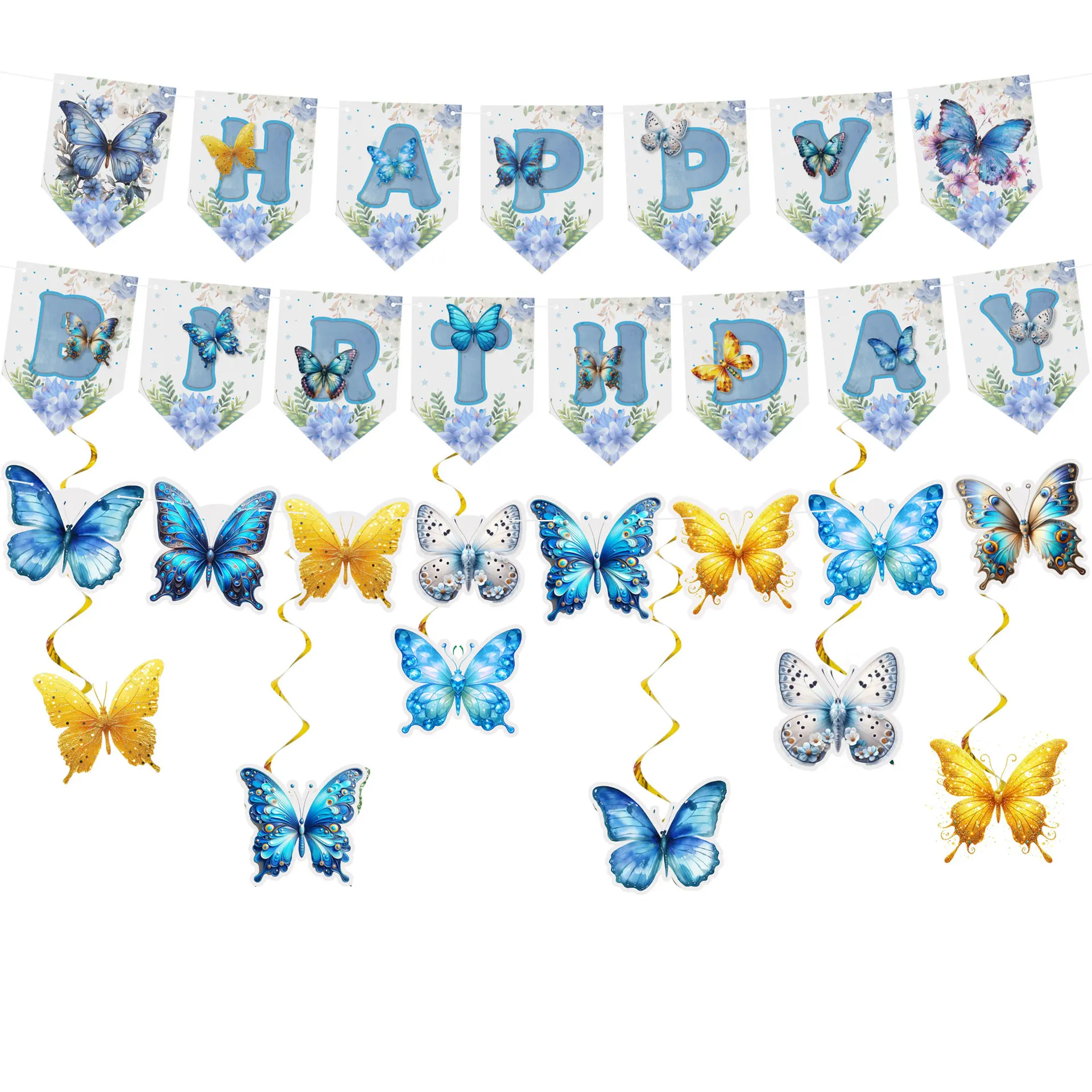 Sweet Blue Flower Butterfly Theme Happy Birthday Banner Swirls Hanging for Kids Girl Birthday Wedding Baby Shower Party Decor