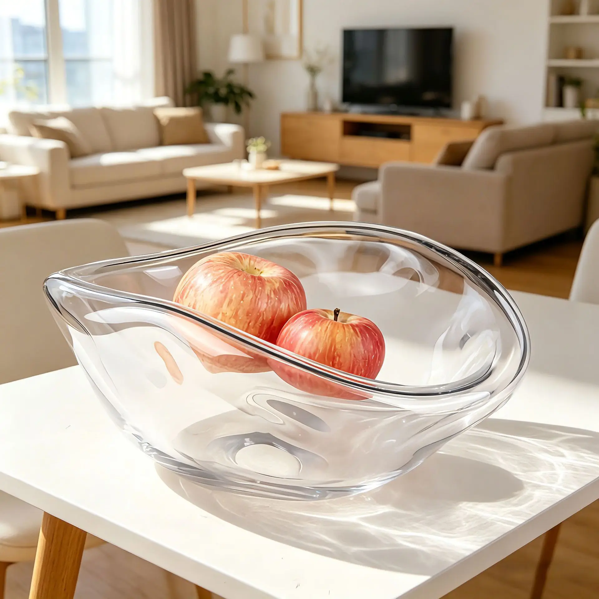 Modern Luxury Clear Glass Fruit Bowl, Irregular Scalloped Edge Decorative Tray for Living Room