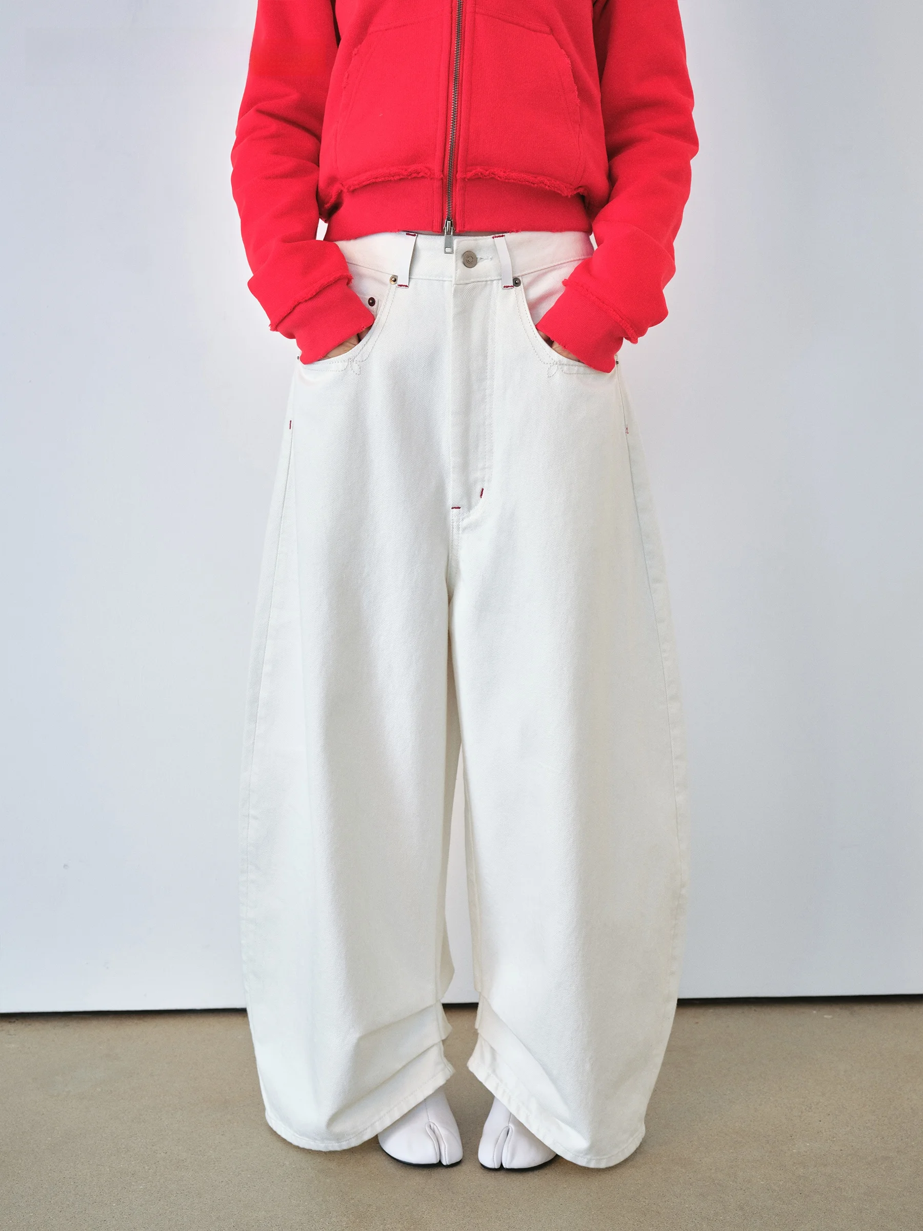 

VERMO Белые джинсы Fce Denim Jeans Retro Pred Pleat Banana ape Snowy und l Талия Свободный крой Нейтральные хлопковые джинсы