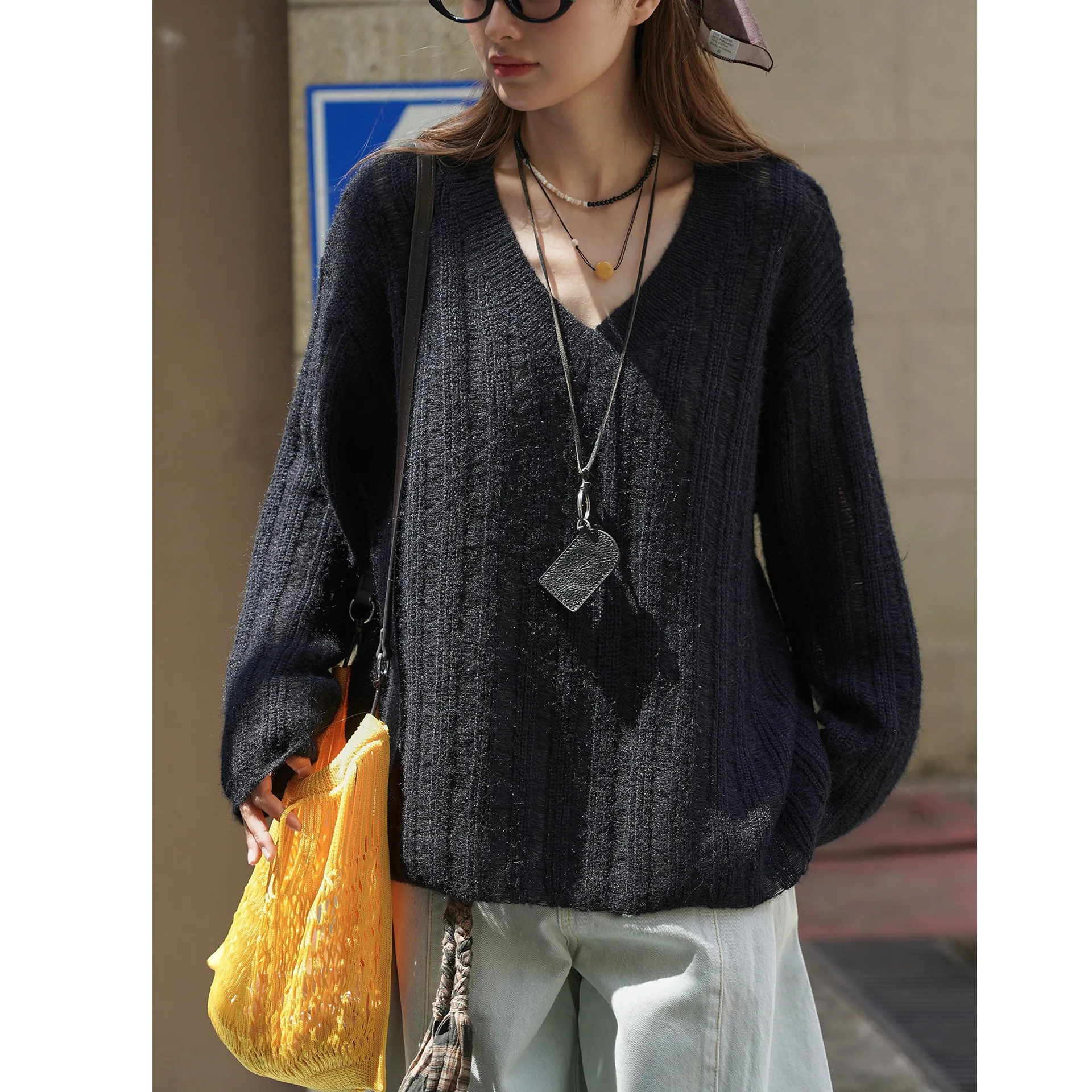 SuperAen Jesień Nowy Koreański Styl Dekolt V Oversize Wełniany Sweter Damski Luźny Elegancki Pulower Top