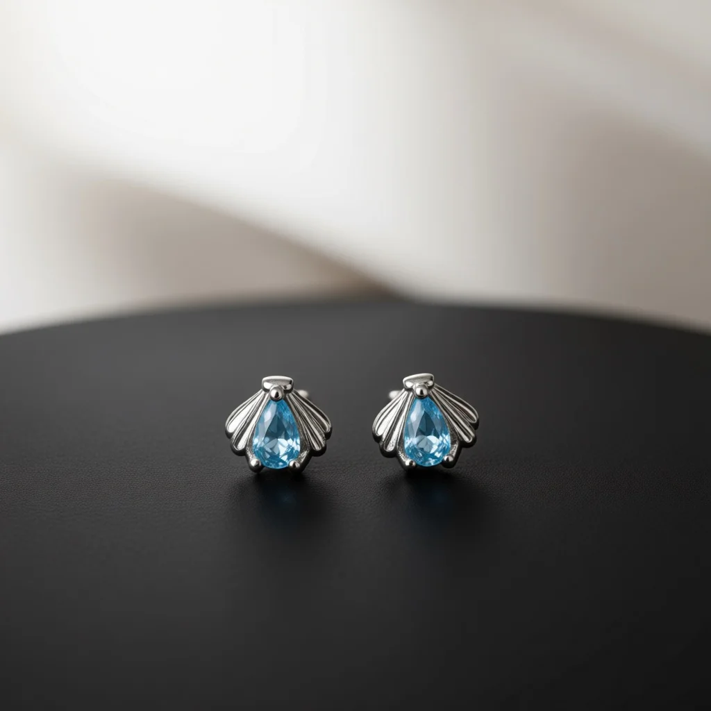 Luxury Silver Copper Stud Earrings, Seashell Outline Setting, Teardrop Blue Zircon, Jewelry for Banquet, Date & Formal Events