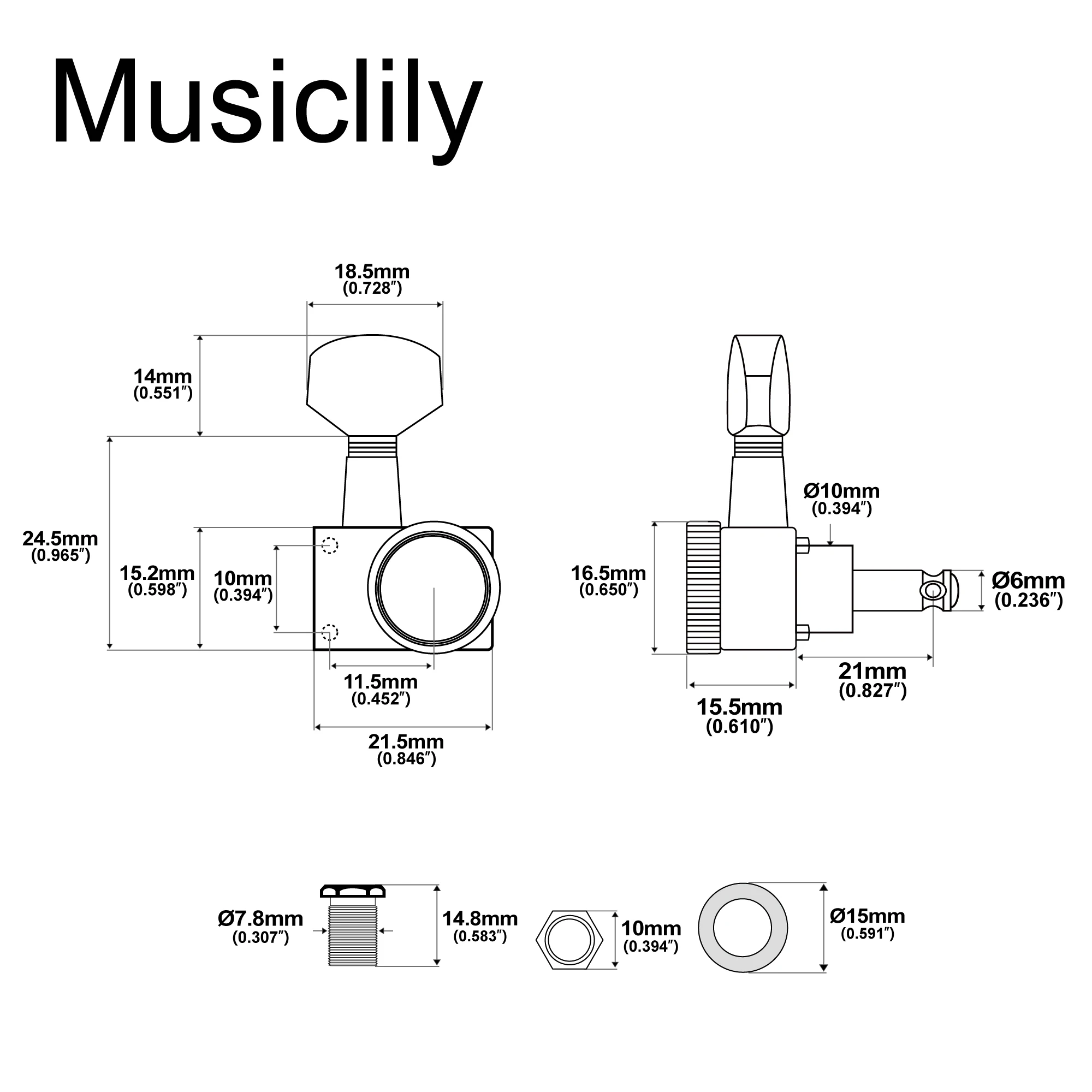 Musiclily Pro R18K 6R/6L 6-in-Line 18:1 Übersetzungsverhältnis 2-Pin Vollversiegelte Mechaniken Stimmwirbel für Fender ST Tele – Detail 25